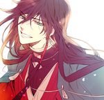  black_hair blue_eyes braid grin izumi-no-kami_kanesada japanese_clothes jewelry male_focus muku_(pixiv3207772) petals side_braid single_earring smile solo touken_ranbu upper_body 