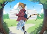  5_fingers anthro blonde_hair blue_eyes cat clothed clothing day detailed_background feline fumiko hair looking_at_viewer male mammal open_mouth outside pink_nose smile solo standing tree 