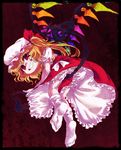  blonde_hair bloomers flandre_scarlet grin hat mob_cap puffy_short_sleeves puffy_sleeves red_eyes red_skirt shaded_face short_sleeves side_ponytail skirt skirt_set smile socks solo syoumikigengire touhou underwear upskirt vest wings 