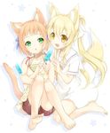  :d :o animal_ears barefoot blonde_hair cat_ears cat_tail collarbone dress feeding flat_chest food fox_ears fox_tail full_body green_eyes hair_between_eyes hair_ribbon holding holding_food jinbara_tatsuichi knees_up long_hair multiple_girls open_mouth orange_hair original ponytail popsicle ribbon sailor_dress short_hair short_sleeves shorts side-by-side silhouette sitting sleeveless sleeveless_dress smile tail teeth wariza white_background yellow_eyes 