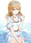  apring banned_artist bare_shoulders breasts brown_eyes brown_hair cleavage dress flower hair_ribbon jewelry kneeling kunikida_hanamaru long_hair love_live! love_live!_sunshine!! medium_breasts necklace ribbon smile solo torikoriko_please!! water white_dress 