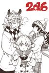  3girls animal_ears asymmetrical_wings baozi beanie bowl checkered checkered_scarf chopsticks coat eating food futatsuiwa_mamizou glasses hat height_difference houjuu_nue kasodani_kyouko leaf leaf_on_head maruhachi_(maruhachi_record) monochrome multiple_girls plaid plaid_scarf raccoon_ears scarf semi-rimless_eyewear spot_color touhou under-rim_eyewear wings winter_clothes 