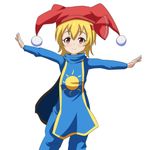  blonde_hair bow cato_(monocatienus) charlotte_(seiken_densetsu_3) charlotte_(seiken_densetsu_3)_(cosplay) cosplay hair_bow hair_ribbon hat jester_cap outstretched_arms pom_pom_(clothes) red_eyes ribbon rumia seiken_densetsu seiken_densetsu_3 solo spread_arms sun_print tabard touhou 