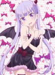  :d bare_shoulders bat black_dress blue_hair blush demon_girl demon_horns demon_wings dress finger_to_face hand_on_own_arm heart highres horns jpeg_artifacts long_hair looking_at_viewer new_game! open_mouth pointing pointing_at_self polka_dot polka_dot_background purple_eyes ribbon sash screencap shiny shiny_hair smile solo stitched succubus suzukaze_aoba third-party_edit v-shaped_eyebrows very_long_hair wings 