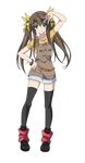  black_legwear brown_hair collarbone eyebrows eyebrows_visible_through_hair full_body green_eyes hair_ribbon hand_on_hip highres huang_lingyin infinite_stratos long_hair looking_at_viewer ribbon smile solo thighhighs transparent_background twintails yellow_ribbon 