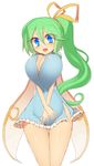  asymmetrical_hair blue_eyes breasts bursting_breasts cleavage daiyousei fairy_wings green_hair hair_ribbon huge_breasts kuresento long_hair open_mouth ribbon side_ponytail solo thighs touhou undersized_clothes very_long_hair white_background wings 