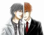  2boys black_suit collared_shirt formal fruits_basket grey_eyes grey_hair male_focus multiple_boys necktie orange_hair red_necktie simple_background souma_kyou souma_yuki striped_shirt suit white_necktie white_suit 