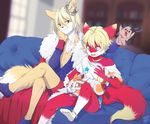  4_toes 5_fingers ambiguous_gender anthro barefoot blue_eyes canine cat crown feline fluffy fluffy_tail fox fumiko fur girly group hair jewelry male mammal necklace open_mouth red_eyes red_fur sitting smile tan_fur toes white_hair 