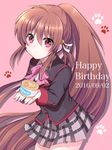  brown_hair can daamiyan happy_birthday little_busters! long_hair natsume_rin paw_print plaid plaid_skirt ponytail red_eyes school_uniform skirt solo 