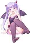  :d arm_support blush breasts demon_girl demon_horns demon_tail demon_wings fang feet hand_on_own_thigh highres horns long_hair looking_at_viewer new_game! no_shoes nullken open_mouth panties pantyshot purple_eyes purple_hair simple_background small_breasts smile solo strap_slip suzukaze_aoba tail thighhighs twintails underwear white_background wings 