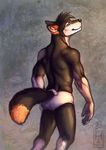  2016 5_fingers abstract_background anthro black_fur black_hair blue_eyes claws clothed clothing fur grin hair hanmonster looking_at_viewer looking_back male rear_view signature solo standing underwear yakeo_shinn 