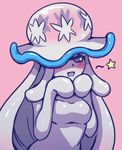  akairiot blush cosplay gen_7_pokemon long_hair looking_at_viewer monster_girl nihilego nihilego_(cosplay) open_mouth pink_background pokemon pokemon_(game) pokemon_sm purple_eyes smile solo squid star ultra_beast 