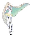  :o absurdres blonde_hair diamond dress full_body green_eyes hair_over_one_eye hand_on_hip highres long_hair looking_at_viewer lusamine_(pokemon) open_mouth pantyhose pokemon pokemon_(game) pokemon_sm rinrin_(hiouurin) shoes short_dress sleeveless sleeveless_dress solo sparkle standing very_long_hair 