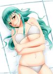  alternate_costume aqua_hair bare_shoulders bikini blush breasts crossed_arms green_eyes hair_in_mouth hair_ornament hairclip head_tilt highres kantai_collection kiko_(okuwae) large_breasts lips long_hair looking_at_viewer lying mouth_hold navel solo suzuya_(kantai_collection) swimsuit white_bikini 