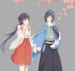  1girl ^_^ black_hair blue_eyes branch bridal_gauntlets cherry_blossoms closed_eyes covering_mouth female_saniwa_(touken_ranbu) hakama haori highres holding_hands japanese_clothes miko mole mole_under_eye open_mouth petals ponytail saniwa_(touken_ranbu) scarf shinsengumi smile touken_ranbu yamato-no-kami_yasusada zhhwccc 