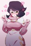  big_hair blush breasts glasses green_eyes heart hizuki_akira large_breasts long_sleeves looking_at_viewer pink-framed_eyewear pokemon pokemon_(game) pokemon_sm ribbed_sweater short_hair solo star star_print sweater turtleneck turtleneck_sweater upper_body wicke_(pokemon) wide_hips 