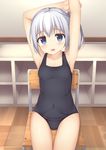  armpits arms_up black_school_swimsuit blue_eyes chair classroom covered_navel highres long_hair old_school_swimsuit one-piece_swimsuit open_mouth original school_swimsuit side_ponytail silver_hair sitting smile solo swimsuit thigh_gap thighs usagino_suzu 
