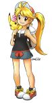  1girl ayumi_(pokemon) ayumi_(pokemon)_(cosplay) backpack bag blonde_hair blue_shorts blush brown_eyes chuchu_(pokemon) collarbone commentary cosplay creatures_(company) deviantart_username english_commentary flat_chest flower full_body game_freak gen_1_pokemon hair_flower hair_ornament happy long_hair looking_at_viewer loulilie nintendo pikachu pokemon pokemon_(game) pokemon_lgpe pokemon_on_shoulder pokemon_special shoelaces shoes short_shorts short_sleeves shorts signature smile solo transparent_background very_long_hair yellow_(pokemon) 