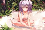  bangs bare_shoulders barefoot beach bikini breasts cleavage closed_mouth collarbone eredhen flower front-tie_bikini front-tie_top hair_ribbon highres indian_style kantai_collection kashima_(kantai_collection) large_breasts leaning_forward outdoors plant purple_eyes ribbon side-tie_bikini sidelocks silver_hair sitting smile solo swimsuit toenails twintails two_side_up water wavy_hair white_bikini 
