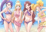  aikatsu!_(series) aikatsu_stars! bikini bikini_skirt blonde_hair brown_eyes brown_hair criss-cross_halter green_eyes halter_top halterneck highres kasumi_yozora kisaragi_tsubasa long_hair multiple_girls nikaidou_yuzu ogry_ching one_eye_closed orange_hair ponytail purple_eyes purple_hair sarong shiratori_hime standing swimsuit twintails v v_over_eye very_long_hair 