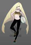  adidas bag bare_arms blonde_hair collarbone full_body green_eyes grey_background hand_on_hip highres long_hair lusamine_(pokemon) midriff multicolored_hair navel pants pokemon pokemon_(game) pokemon_sm shoes sleeveless solo standing standing_on_one_leg streaked_hair sweatpants very_long_hair zambiie 