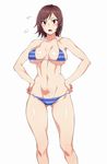  :d alternate_costume ass_visible_through_thighs bare_legs bare_shoulders bikini blue_swimsuit blush breasts brown_hair cleavage covered_nipples hands_on_hips highres kazama_asuka large_breasts looking_at_viewer midriff navel open_mouth red_eyes shiny short_hair skindentation smile solo string_bikini striped striped_bikini swimsuit tekken tetsuo_(tetuo1129) white_background 