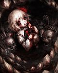  :o blonde_hair blood blood_on_face bloody_clothes bloody_hands finger_to_face hair_ribbon highres juliet_sleeves long_sleeves looking_at_viewer necktie open_mouth puffy_sleeves reclining red_eyes red_neckwear ribbon ribs rumia short_hair skeletal_arm skeleton skirt skirt_set skull solo spark621 spine touhou 