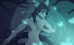  2015 5_fingers anthro bare_shoulders black_hair black_nose canine detailed_background eyebrows fox fumiko fur green_eyes hair long_hair male mammal midriff navel night nude outside slim solo standing white_fur 