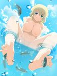  1girl bare_shoulders barefoot blonde_hair blue_eyes breasts feet fish green_eyes heterochromia large_breasts nude photoshop ryouna_(senran_kagura) senran_kagura senran_kagura_new_wave smile soles solo spread_toes submerged toes water 