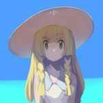  bangs blonde_hair blue_sky braid closed_mouth collarbone day dress frown green_eyes hat lillie_(pokemon) long_hair looking_at_viewer ocean outdoors pokemon pokemon_(game) pokemon_sm ponimu sky solo sun_hat sweat twin_braids upper_body water white_dress white_hat 