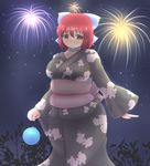  bad_id bad_pixiv_id bandaged_neck blush bow breasts closed_mouth expressionless fat fireworks guroo_(shine119) hair_bow highres japanese_clothes kimono medium_breasts obi plump red_eyes red_hair sash sekibanki solo summer_festival tareme touhou water_balloon wide_hips yukata 