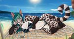  anthro armpits beach bikini breasts clothing dafka feline female fur hair looking_at_viewer lying mammal navel on_side outside seaside smile solo striped_tail stripes swimsuit wide_hips 