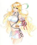  ahoge bare_shoulders commentary elbow_gloves eu03 gloves green_hair long_hair milla_maxwell multicolored_hair navel red_hair skirt solo tales_of_(series) tales_of_xillia traditional_media two-tone_hair very_long_hair 