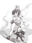  :o beanie bent_over cat gen_7_pokemon greyscale hat litten mizuki_(pokemon) monochrome open_mouth pokemon pokemon_(creature) pokemon_(game) pokemon_sm ponimu running shirt shoes short_hair short_sleeves shorts simple_background solo tied_shirt white_background 