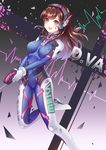  bangs bodysuit brown_hair character_name clothes_writing covered_navel d.va_(overwatch) facepaint facial_mark finger_on_trigger gradient gradient_background gun handgun headphones holding holding_gun holding_weapon long_hair looking_at_viewer luoye open_mouth overwatch pilot_suit pistol purple_background ribbed_bodysuit skin_tight smile solo swept_bangs waveform weapon whisker_markings 