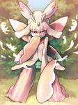  antennae bad_id bad_pixiv_id bangs blunt_bangs covering_mouth gen_7_pokemon green_leotard insect_girl kneeling koutetsu_(fe_steel_stone) leotard looking_at_viewer lurantis orchid_mantis pants personification pink_eyes pink_hair pink_pants pokemon praying_mantis short_hair solo striped striped_pants 