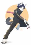  4_fingers 4_toes anthro barefoot blue_eyes canine clothed clothing digitigrade fumiko fur grey_hair grey_nose hair heterochromia holding_object holding_weapon inner_ear_fluff male mammal melee_weapon orange_eyes smoking solo standing sword toes weapon white_fur wolf 