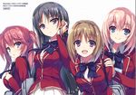  artist_name bag black_hair blazer blush braid brown_hair highres horikita_suzune ichinose_honami_(youjitsu) jacket kushida_kikyou long_hair looking_at_viewer looking_back multiple_girls official_art pink_hair ribbon sakura_airi school_bag school_uniform short_hair simple_background smile tomose_shunsaku twintails youkoso_jitsuryoku_shijou_shugi_no_kyoushitsu_e 