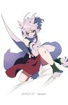  2016 animal_ears artist_name breasts dated detached_sleeves grey_hair highres holding inubashiri_momiji katana looking_away medium_breasts namauni no_hat no_headwear one_knee pom_pom_(clothes) red_eyes sheath sheathed short_hair skirt solo sword tail tassel touhou weapon wide_sleeves wolf_ears wolf_paws wolf_tail 