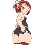  ass batsu_(takuan_to_batsu_no_nichijou_enmachou) breasts chinese_clothes cowboy_shot double_bun green_eyes looking_down omiya_(louise-louis-lucille) parted_lips pointy_ears red_hair red_legwear ringed_eyes simple_background sleeveless small_breasts solo sweat takuan_to_batsu_no_nichijou_enmachou thighhighs thighs white_background 