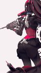  aiming alternate_costume ass bad_id bad_pixiv_id blue_skin bodysuit breasts facing_away from_behind gun hairlocs highres jn3 long_hair noire_widowmaker overwatch ponytail rifle simple_background small_breasts sniper_rifle solo very_long_hair weapon white_background widowmaker_(overwatch) 