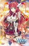 ange_vierge armor arrow blue_eyes bow_(weapon) breasts cleavage elbow_gloves fingerless_gloves gloves hair_ornament jewelry large_breasts pauldrons pleated_skirt red_hair ribbon skirt solo weapon yuuki_hagure 