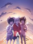  5_fingers anthro beach black_hair black_nose brown_hair cat clothed clothing day detailed_background feline fumiko green_eyes group hair inner_ear_fluff male mammal open_mouth outside pink_nose sand seaside selfie smile standing sun water white_hair wrist_watch 