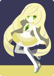  bangs bare_arms blonde_hair chibi closed_mouth diamond dress full_body green_eyes leg_up long_hair lusamine_(pokemon) pantyhose pokemon pokemon_(game) pokemon_sm rizu_(rizunm) short_dress solo two-tone_background 