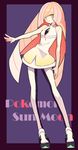  bangs bare_arms blonde_hair closed_mouth copyright_name diamond dress empty_eyes full_body green_eyes highres long_hair long_legs lusamine_(pokemon) nagatsukiariake nail_polish pantyhose pokemon pokemon_(game) pokemon_sm purple_background shoes short_dress smile solo standing text_focus yellow_nails 