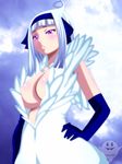  1girl angel_(fairy_tail) artist_request breasts cleavage dress elbow_gloves fairy_tail female gloves hairband large_breasts long_hair no_bra purple_eyes solo upper_body white_dress white_hair 