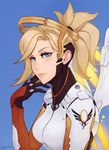  artist_name bangs black_gloves blonde_hair blue_background blue_eyes blush bodysuit breastplate breasts closed_mouth clothes_writing eyelashes gloves hair_ornament hair_tie headgear highres lips long_hair long_sleeves looking_at_viewer mechanical_halo mechanical_wings medium_breasts mercy_(overwatch) overwatch pink_lips ponytail simple_background solo turtleneck unsomnus upper_body wing_print wings yellow_wings 