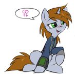  blush brown_hair clothed clothing english_text equine eyelashes fallout_equestria fan_character female female_sign feral fur green_eyes grey_fur hair hioshiru horn littlepip mammal my_little_pony open_mouth simple_background sitting smile solo text unicorn white_background 