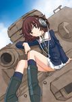  akiyama_yukari arm_support bangs black_footwear black_legwear blue_jacket boots brown_eyes brown_hair charlie_nishinaka cloud cloudy_sky day dutch_angle full_body girls_und_panzer green_shirt ground_vehicle headphones jacket long_sleeves looking_at_viewer messy_hair military military_uniform military_vehicle miniskirt motor_vehicle on_vehicle ooarai_military_uniform outdoors panzerkampfwagen_iv pleated_skirt shirt short_hair sitting skirt sky smile socks solo tank throat_microphone uniform white_skirt 