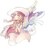  back-to-back blonde_hair braid dress gen_7_pokemon green_eyes hands_together hat jellyfish lillie_(pokemon) long_hair nihilego pokemon pokemon_(creature) pokemon_(game) pokemon_sm shieri_(syerii) simple_background solo tentacles twin_braids ultra_beast white_background white_dress white_hat 